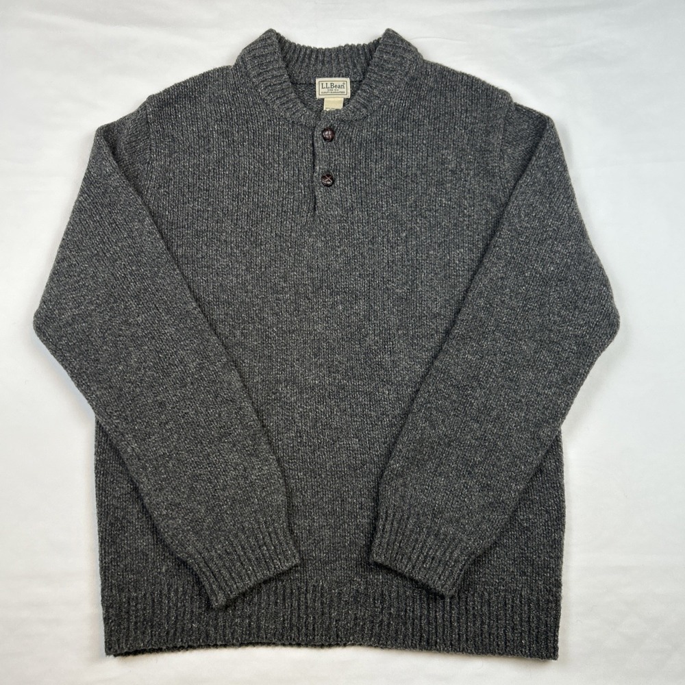 VTG LL Bean Lambswool Mock Neck Henley Sweater Gray Heavy Men's Large 285174